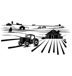 Silhouette Scene From Farm Life With Fields With