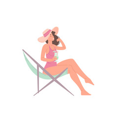 Happy Relaxed Woman Sunbathing On Chaise Longue