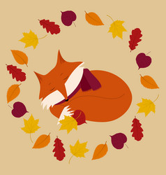 Flat Autumn Fox With Leaves