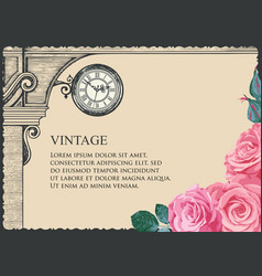 Vintage Card With Clock Roses And Place For Text