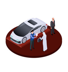 Isometric Arab Man Buys Modern Electric Car