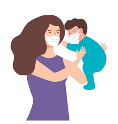 Woman With Baby Boy Using Face Mask