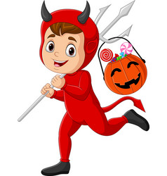 Cartoon Red Devil Carrying Candy In A Pumpkin Bask