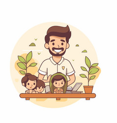 Father And Children Working On Laptop In Cartoon