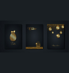 Set Luxury Black Card Happy Easter Gold Texture