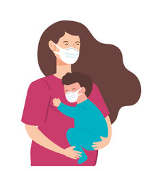 Woman With Baby Boy Using Face Mask