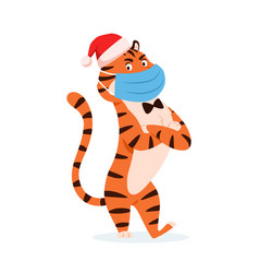 Cartoon Angry Tiger In Santa Hat In Face Mask