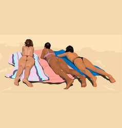 Sunbathing Three Women On Sandy Beach