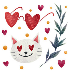 Set Of For February 14 Glasses Hearts Cat