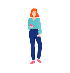 Young Red-haired Girl Looks At A Mobile Phone