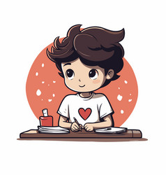 Cute Little Boy Doing Homework At Home In Cartoon