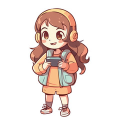 Schoolgirl Walking With Backpack And Headphones