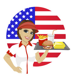 Employee With Fast Food On Tray Over Usa Flag