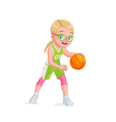 Cute Little Girl In Eyeglasses Playing Basketball