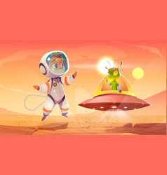 Alien And Astronaut Child Meeting On Red Planet