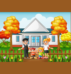 Cartoon Happy Family In The Front Yard Of The Hous