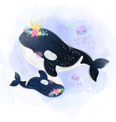 Adorable Orca Whale Motherhood In Watercolor