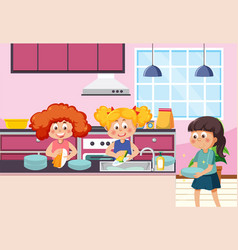 Cartoon Children Cleaning The House