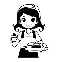 Cute Cartoon Woman In Apron Holding Plate