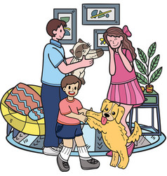 Hand Drawn Family Playing With Dog And Cat