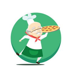 Elderly Overweight Baker Holds Pizza In Hand