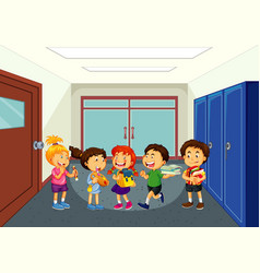 Happy Children At School Hallway