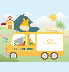 Rhino With Giraffe And Frog Go To School With Bus