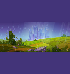 Summer Scene With Fields And City In Rain