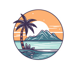 Beach With Palm Trees And Mountains In Flat Style