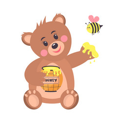 Cartoon Funny Baby Bear With Honey Pot And Bee