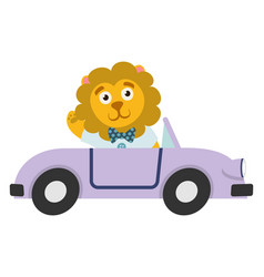 Funny Lion In Cartoon Car Wild Animal Travel