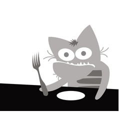 A Gray Cat Holds Fork And Waits For Food