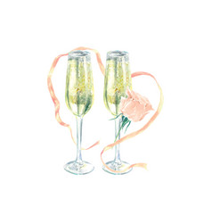 Champagne Watercolor Wine Glasses Ribbon Rose