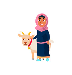 Muslim Girl Teen With Goat On Pasture Cartoon