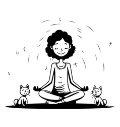 Woman Meditating With Cat And Dog In Cartoon Style