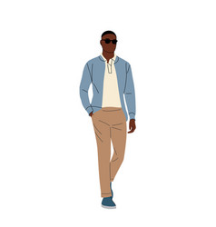 Stylish Black Man Walking In Smart Casual Outfit