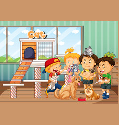 Children Playing With Their Pets In Room Scene