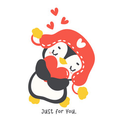 Cute Penguin Hug Red Heart Cartoon Drawing Kawaii