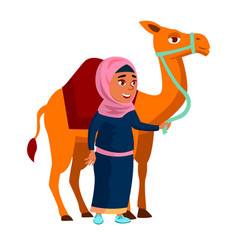 Smiling Muslim Girl Teen Walking With Camel