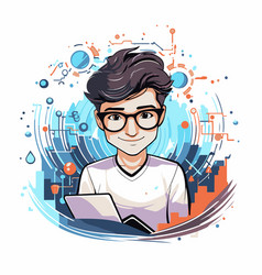 Young Man With Glasses And Laptop In Cartoon Style