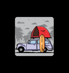 Car With A Roof Tent And A Surfboard On The Side