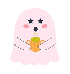 Cute Pink Ghost With Cauldron Of Potion