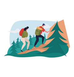 Man And Woman Are Hiking In Mountains Carrying