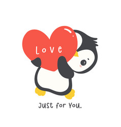 Kawaii Penguin Holding Red Heart Cartoon Drawing