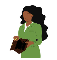 Sad Dark Skin Woman Holding Open Empty Wallet