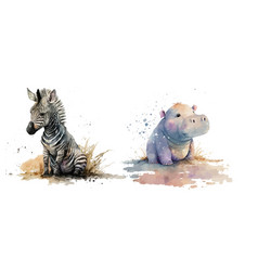 Safari Animal Set Zebra And Hippo In Watercolor