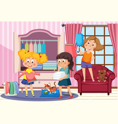 Cartoon Children Cleaning The House