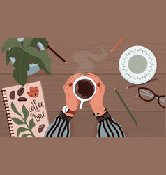 Female Hands Holding Mug Of Coffee On Wooden Table