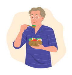 Old Man Eating Salad For Healthy Concept