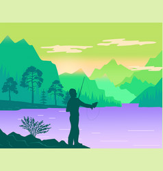 Man Fishing At Bank River Or Lake Silhouette